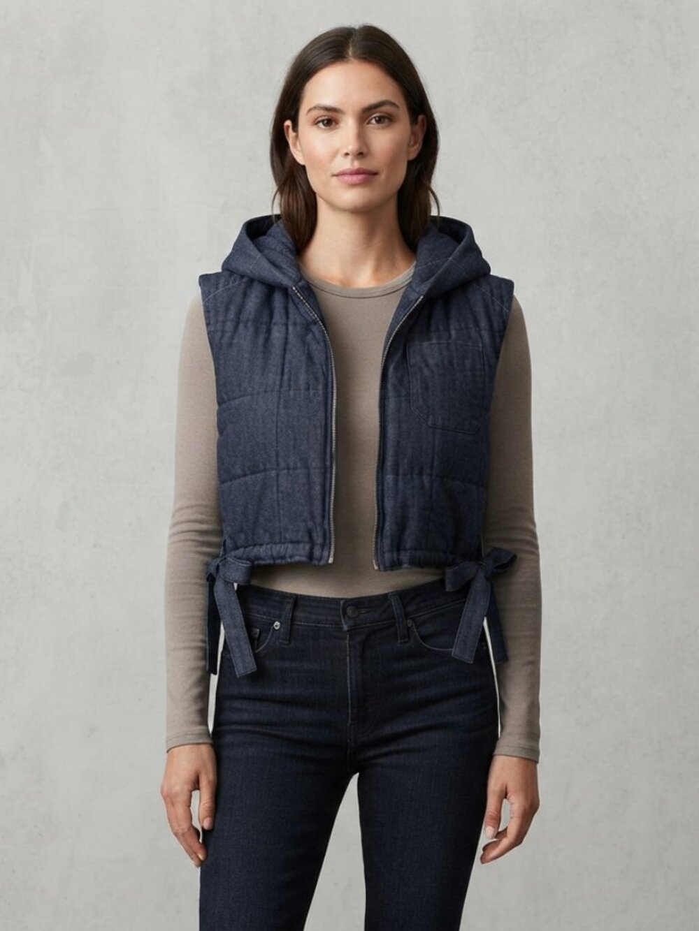 Washed Charcoal Cropped Hooded Quilted Vest Zip Front Side Tie Size M